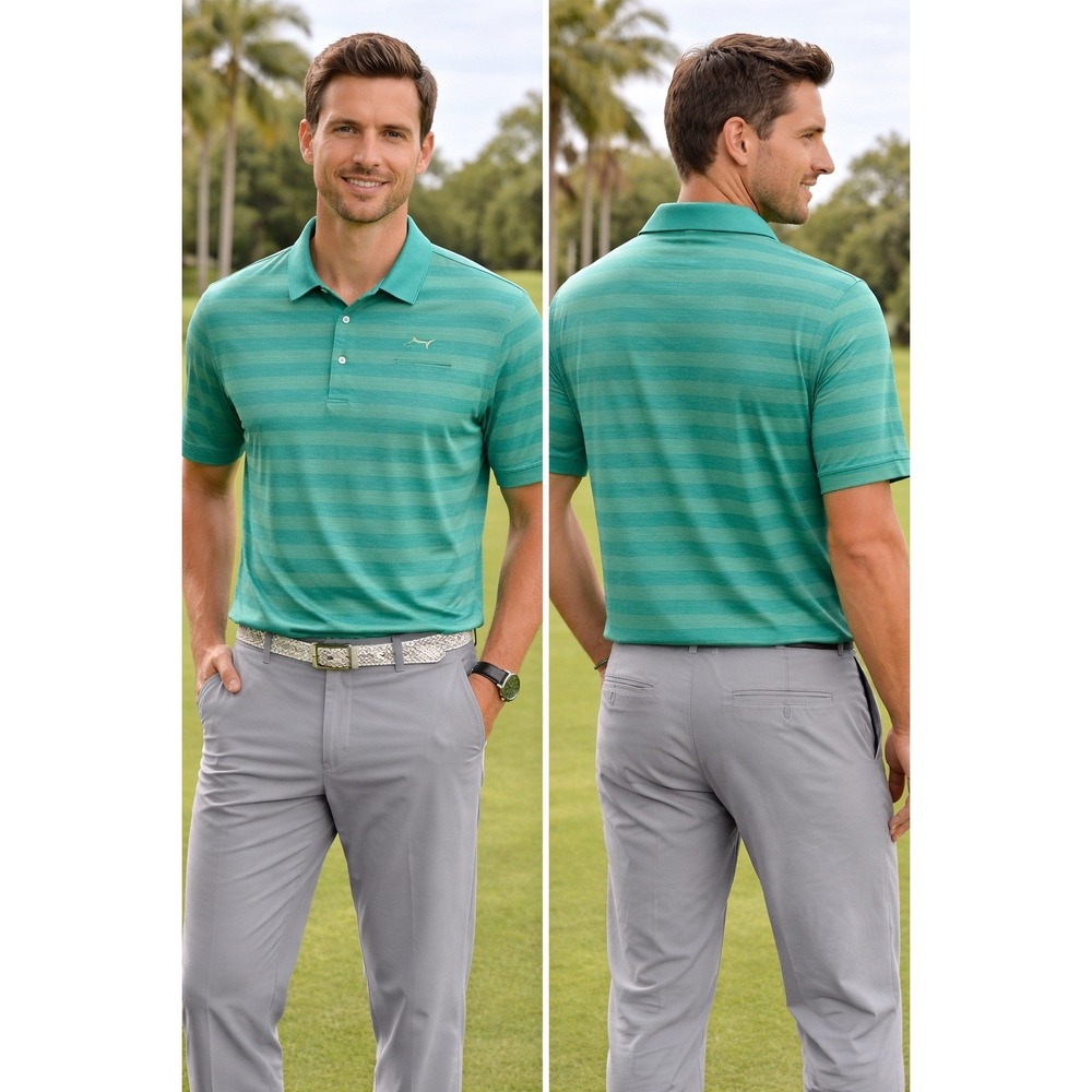 Greg Norman Play Dry Golf Polo Green Striped Performance 27x29 Shark Logo